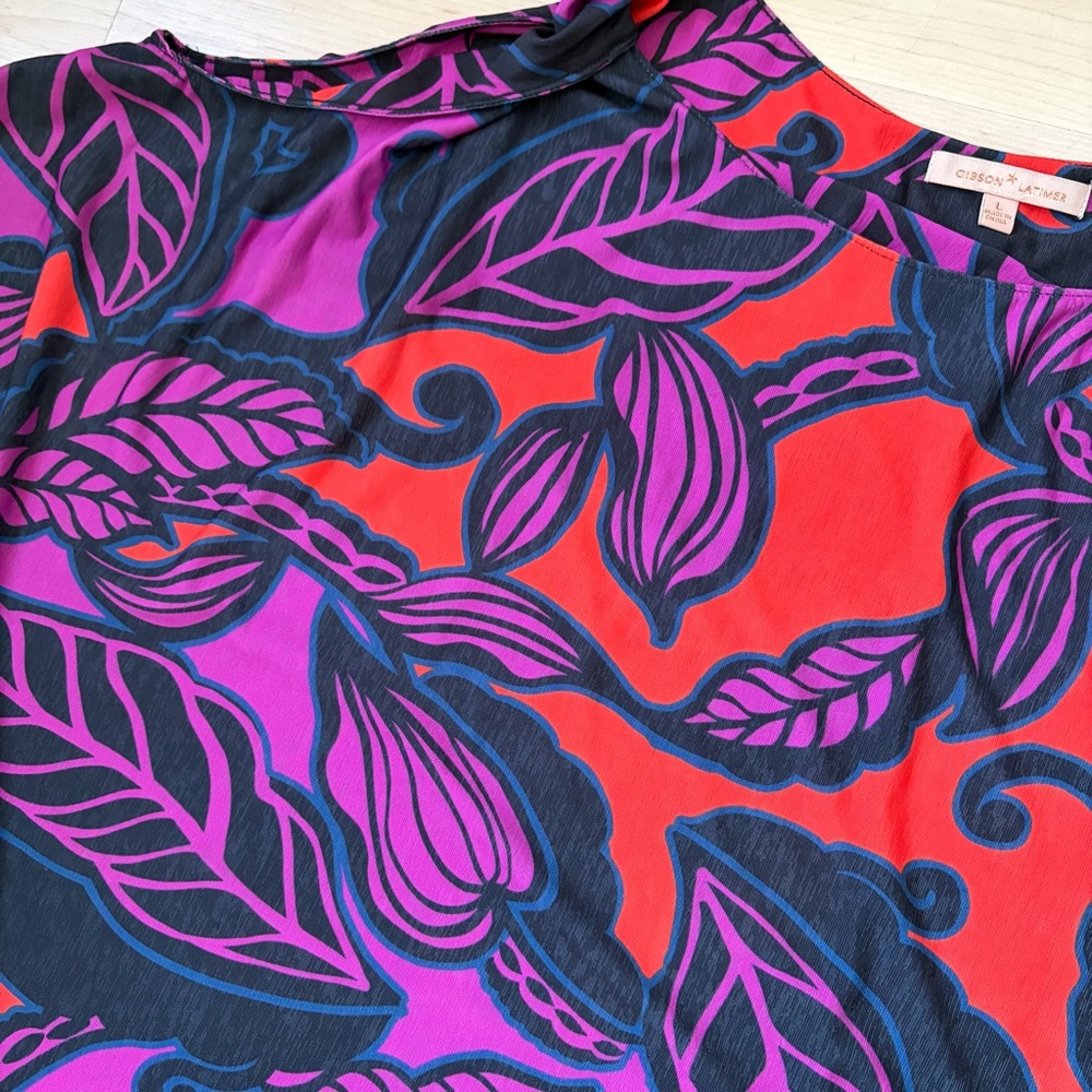 NWT Latimer Gibson Exotic Jungle Sz L Red and Purple Floral Open Shoulder Top - Picture 6 of 8